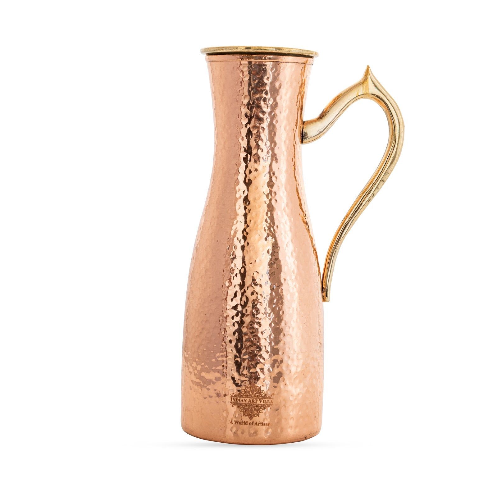 Copper jug with hammered curve design, brass handle & lid –, 1400 ML